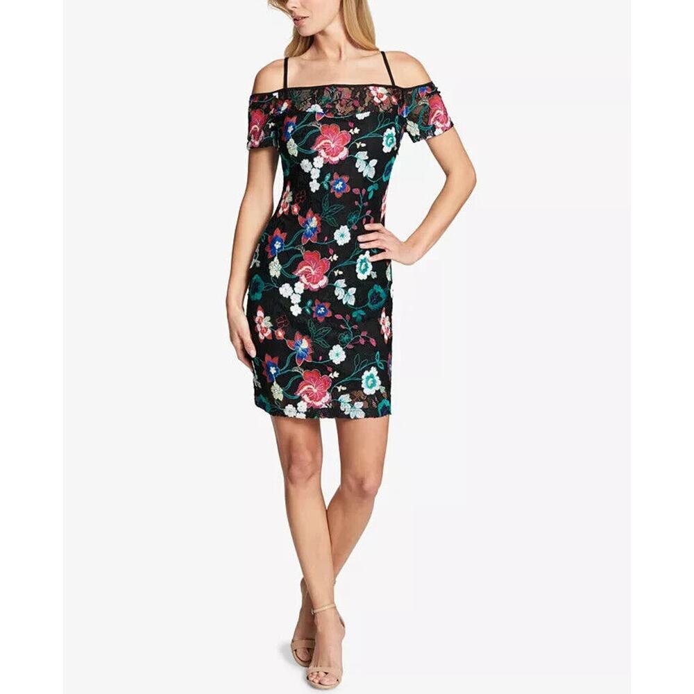 GUESS Bright‎ Floral Cold Shoulder Lace & Embroidered Mini Sheath Dress Size 6